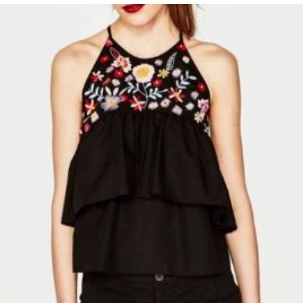 Zara Floral Embroidered Black Sleeveless Top